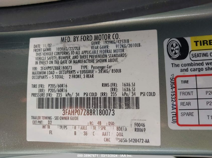 3FAHP07Z88R180073 | 2008 FORD FUSION