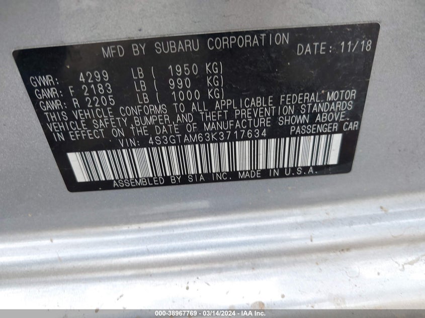 VIN 4S3GTAM63K3717634 2019 SUBARU IMPREZA 2.0I SPORT