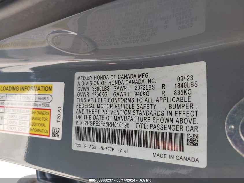 2024 HONDA CIVIC SPORT - 2HGFE2F58RH510195