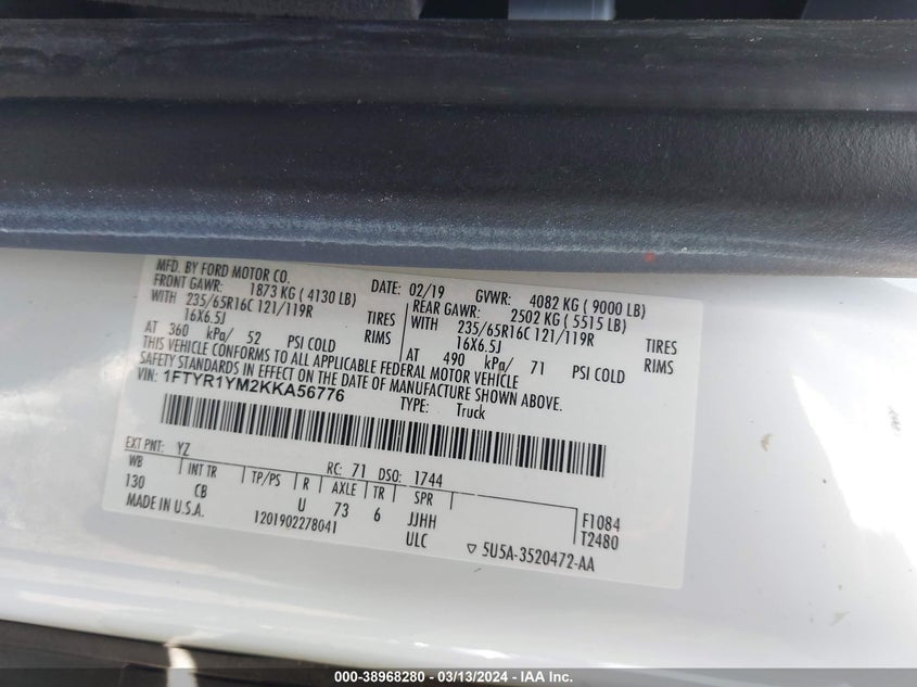 2019 FORD TRANSIT-250 VIN: 1FTYR1YM2KKA56776