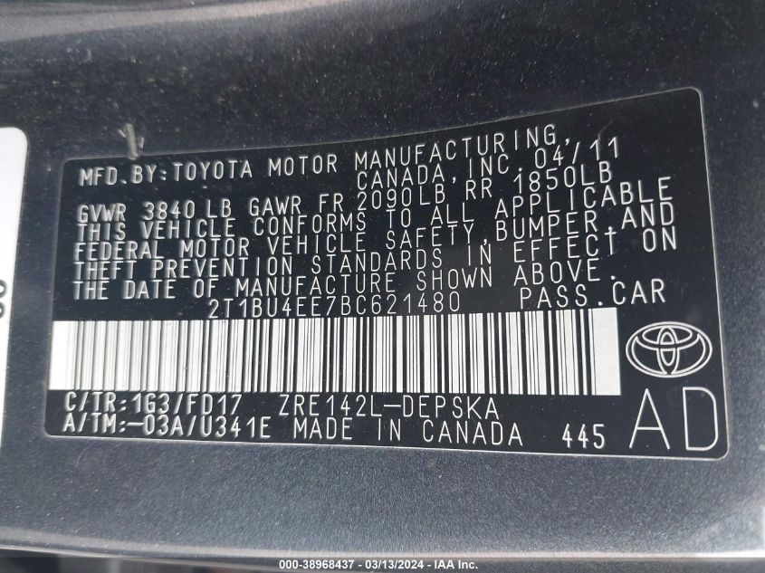 2T1BU4EE7BC621480 2011 Toyota Corolla S