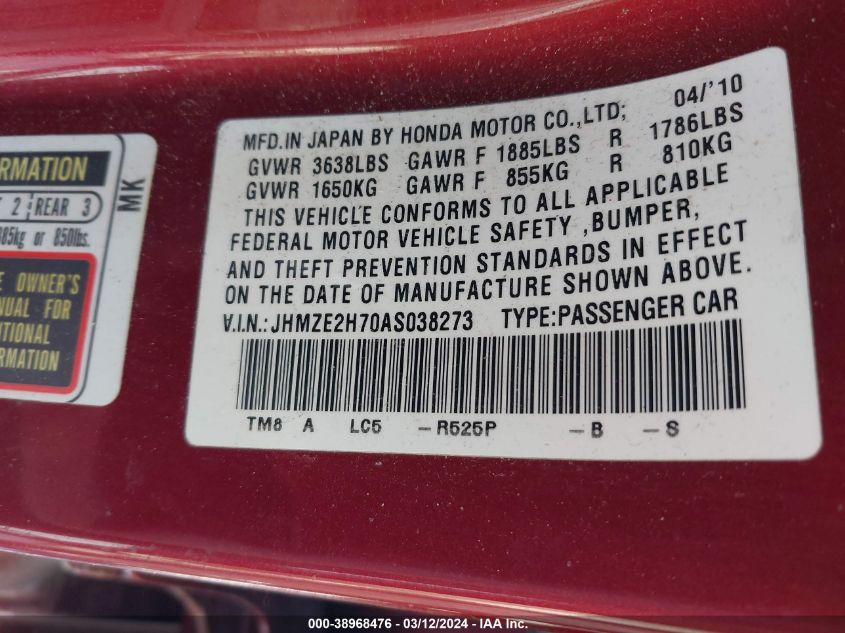 JHMZE2H70AS038273 | 2010 HONDA INSIGHT