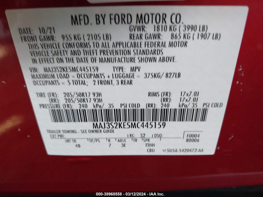 VIN MAJ3S2KE5MC445159 2021 FORD ECOSPORT TITANIUM