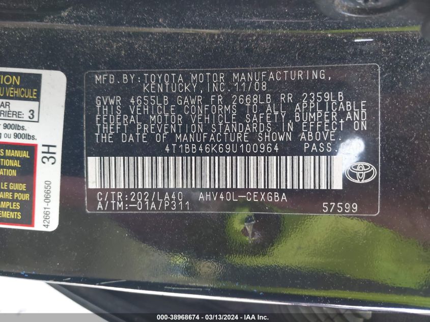 4T1BB46K69U100964 | 2009 TOYOTA CAMRY HYBRID