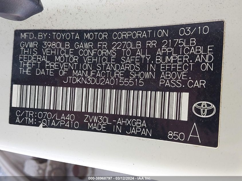 JTDKN3DU2A0155515 | 2010 TOYOTA PRIUS