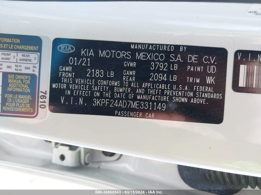 VIN 3KPF24AD7ME331149 2021 KIA FORTE FE/LXS