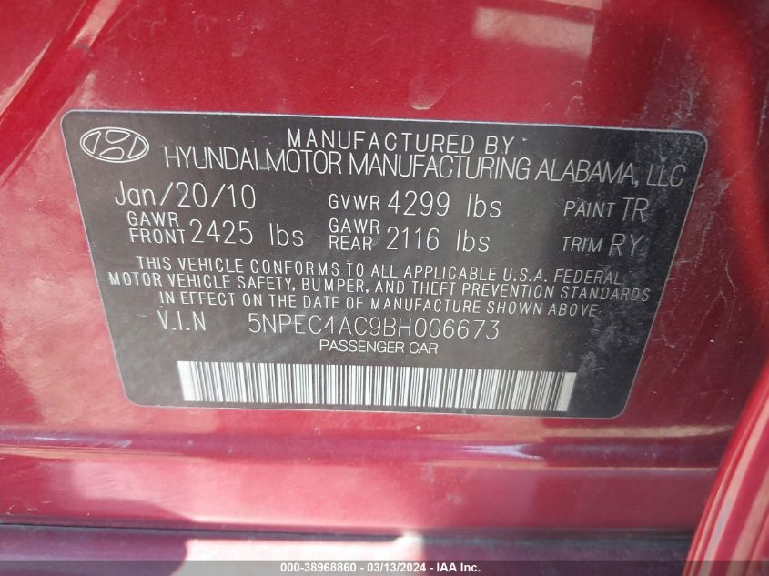 5NPEC4AC9BH006673 | 2011 HYUNDAI SONATA