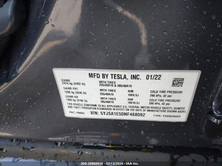 2022 Tesla Model S Dual Motor All-Wheel Drive VIN: 5YJSA1E50NF468092 Lot: 38968910