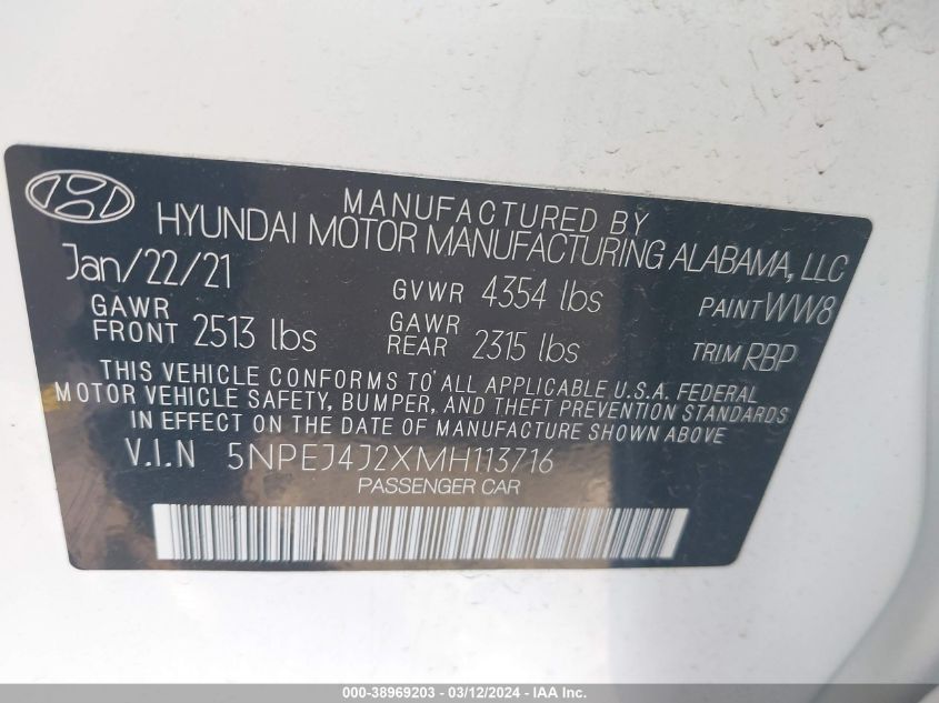 5NPEJ4J2XMH113716 | 2021 HYUNDAI SONATA