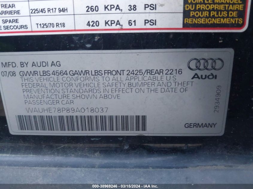 WAUHE78P89A018037 2009 Audi A3 2.0T