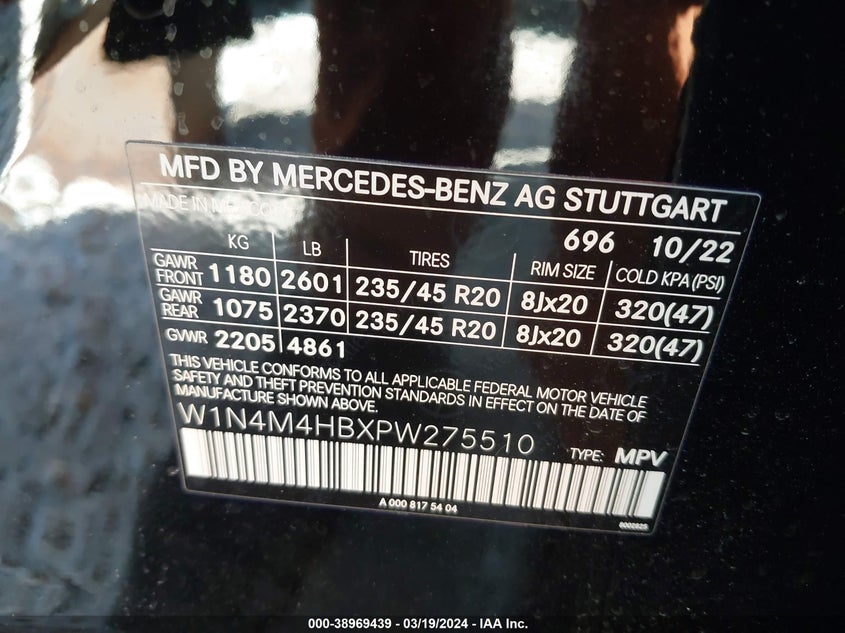 2023 MERCEDES-BENZ GLB VIN: W1N4M4HBXPW275510