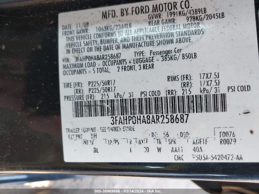 3FAHP0HA8AR258687 | 2010 FORD FUSION