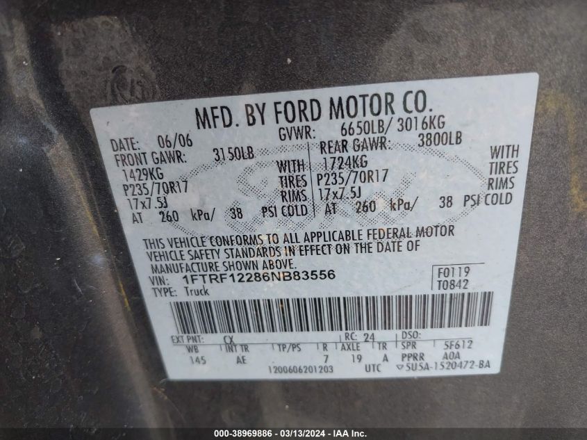 1FTRF12286NB83556 | 2006 FORD F-150