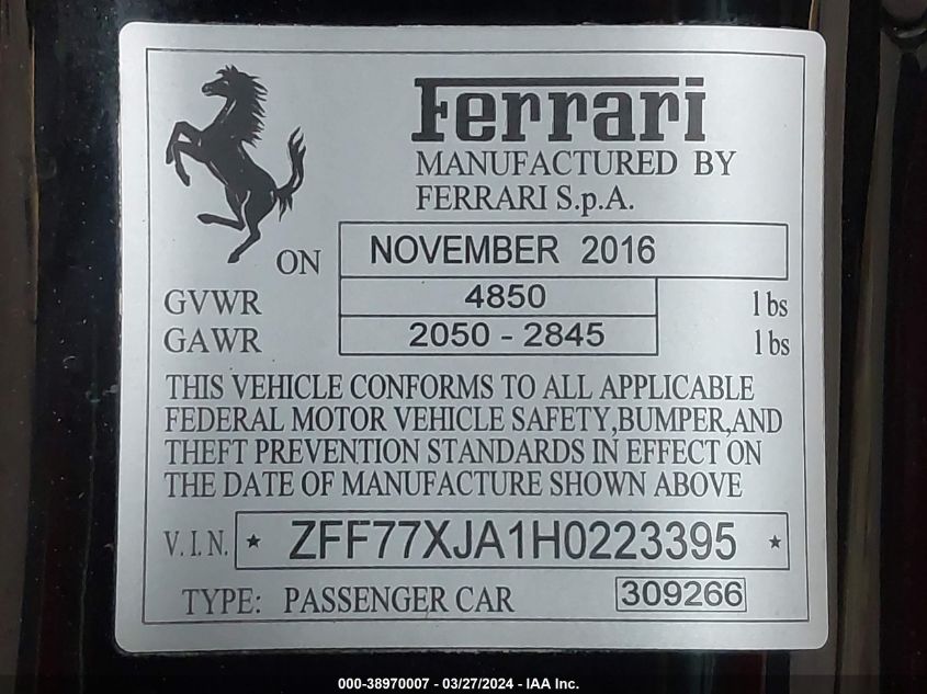 2017 Ferrari California T VIN: ZFF77XJA1H0223395 Lot: 38970007