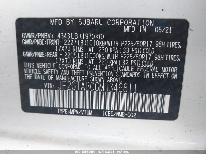 VIN JF2GTABC6MH346811 2021 SUBARU CROSSTREK