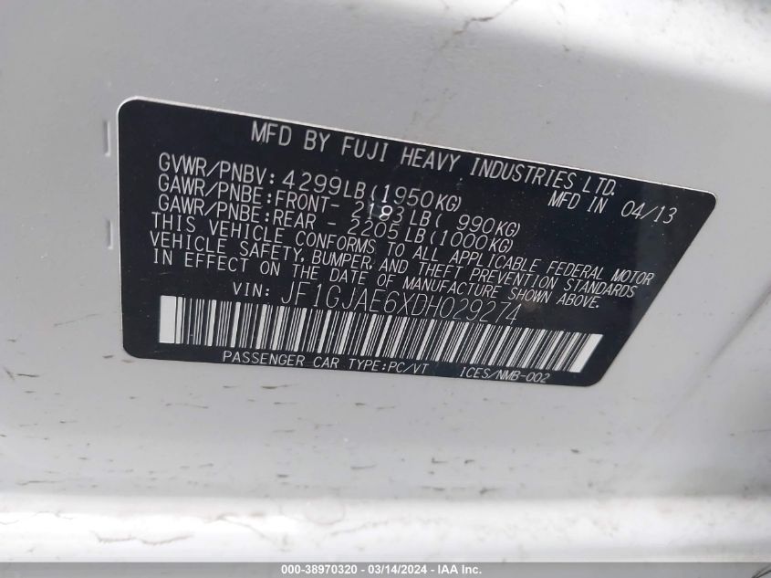 2013 SUBARU IMPREZA PREMIUM - JF1GJAE6XDH029274