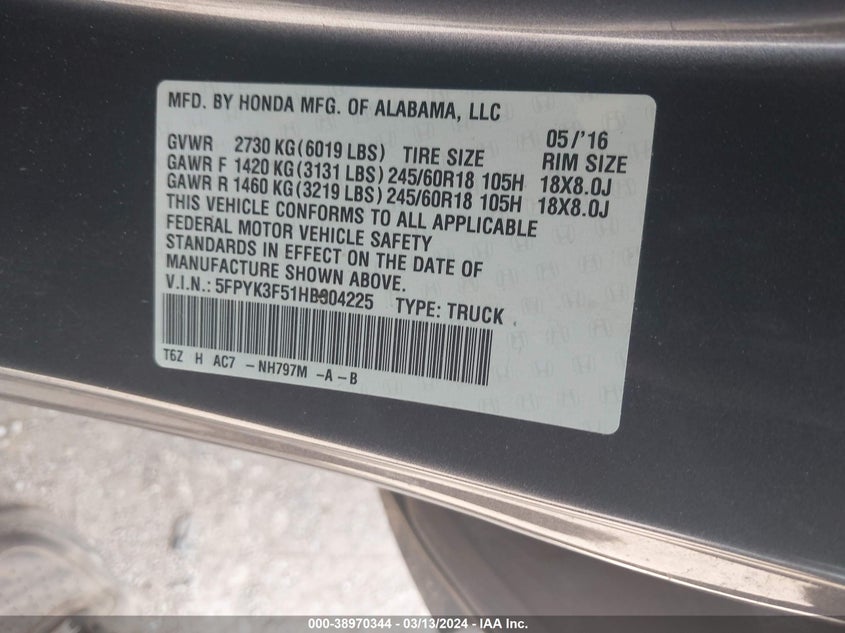 VIN 5FPYK3F51HB004225 2017 HONDA RIDGELINE RTL