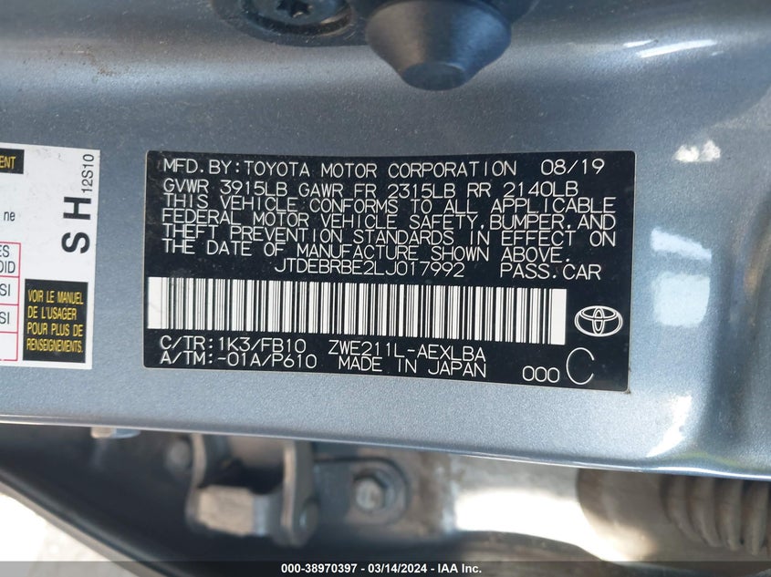 2020 TOYOTA COROLLA LE - JTDEBRBE2LJ017992