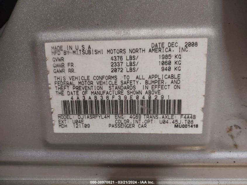 2009 Mitsubishi Galant Es/Sport Edition VIN: 4A3AB36F39E040291 Lot: 38970821