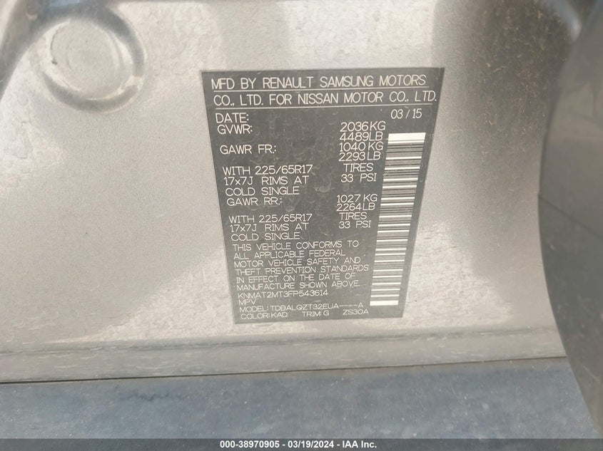 2015 NISSAN ROGUE S/SL/SV - KNMAT2MT3FP543614