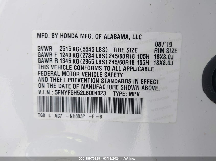 VIN 5FNYF5H52LB004023 2020 HONDA PILOT 2WD EX-L