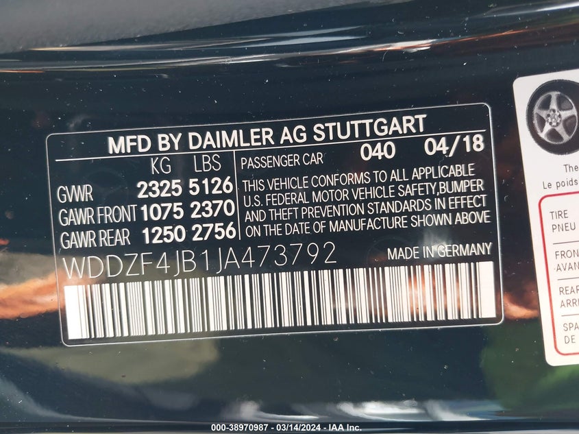 2018 MERCEDES-BENZ E 300 VIN: WDDZF4JB1JA473792