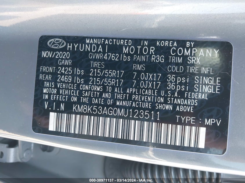 2021 HYUNDAI KONA ELECTRIC VIN: KM8K53AG0MU123511