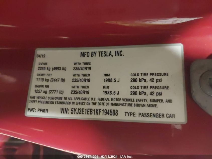 5YJ3E1EB1KF194508 | 2019 TESLA MODEL 3