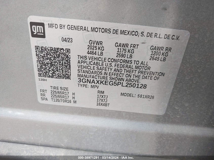 VIN 3GNAXKEG5PL250128 2023 CHEVROLET EQUINOX FWD LT