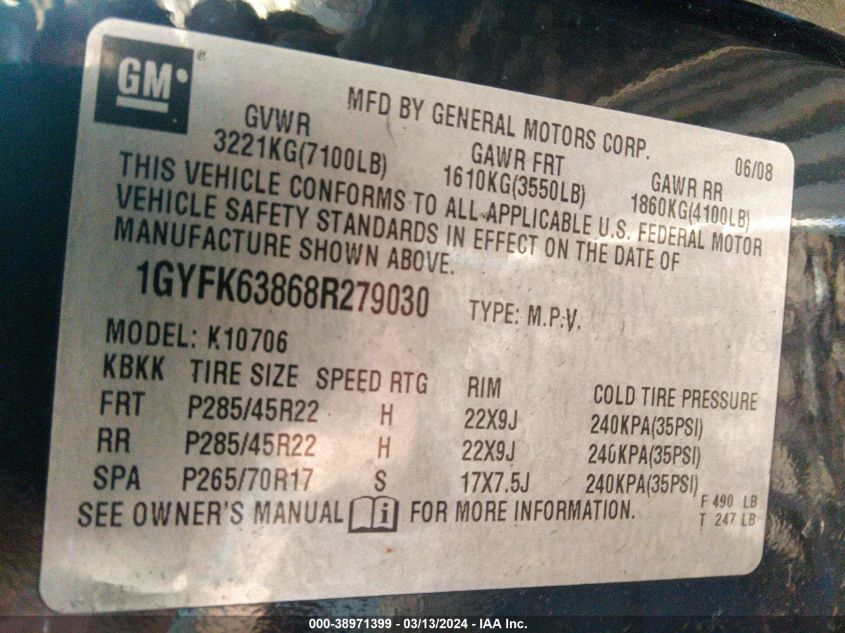 1GYFK63868R279030 | 2008 CADILLAC ESCALADE