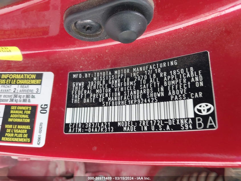 2019 TOYOTA COROLLA L/LE/XLE/SE/XSE - 5YFBURHE1KP924425