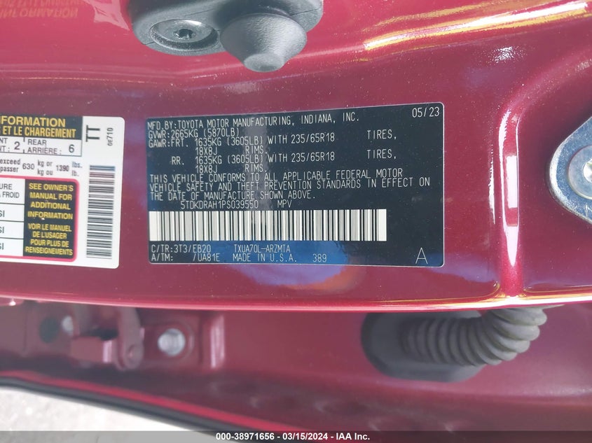 2023 TOYOTA HIGHLANDER VIN: 5TDKDRAH1PS039550