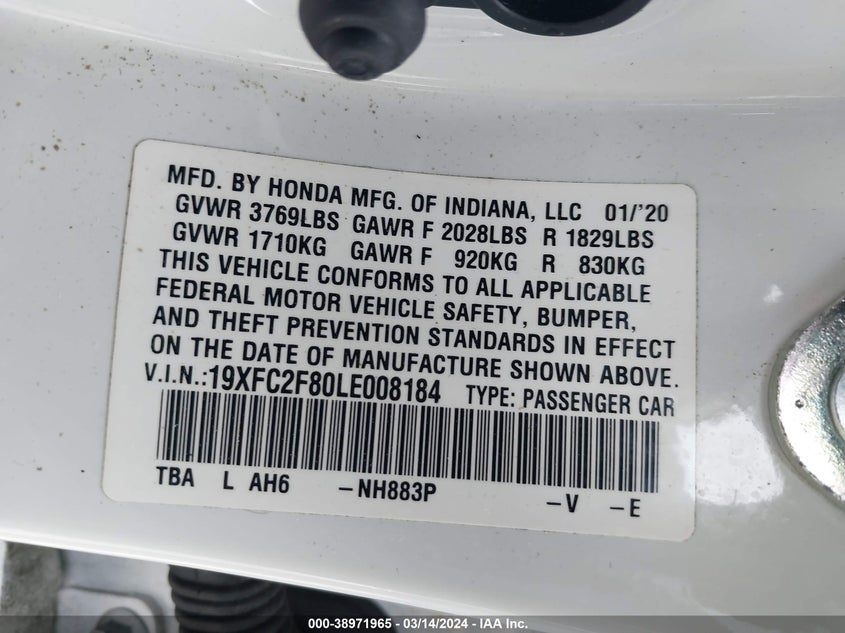 VIN 19XFC2F80LE008184 2020 HONDA CIVIC SPORT