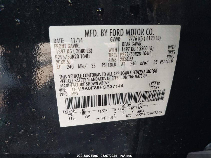 2015 FORD EXPLORER LIMITED - 1FM5K8F86FGB37144