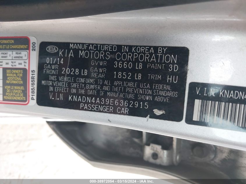 KNADN4A39E6362915 | 2014 KIA RIO