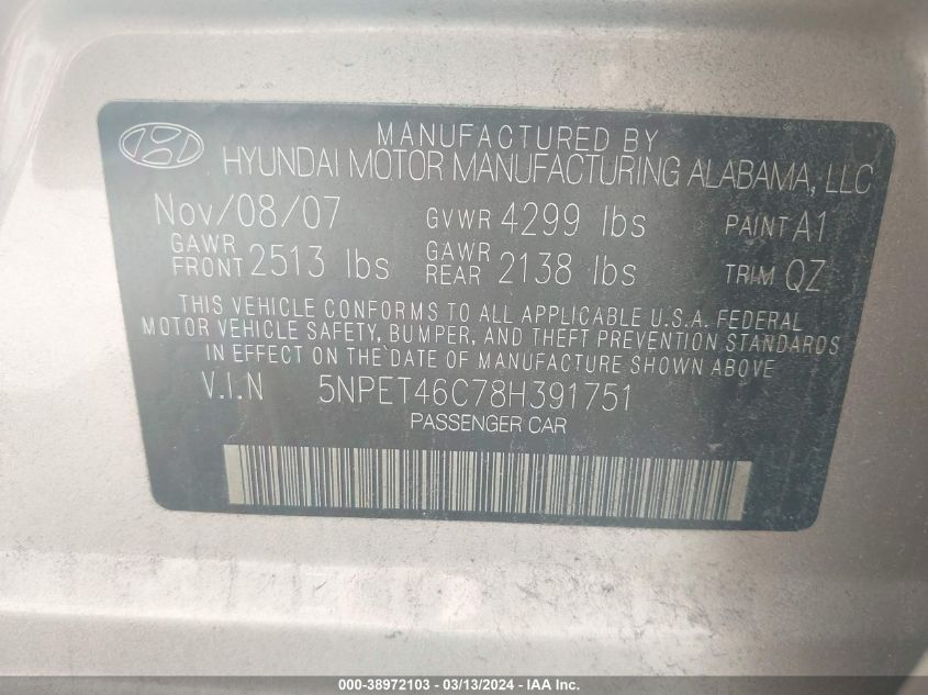 5NPET46C78H391751 | 2008 HYUNDAI SONATA