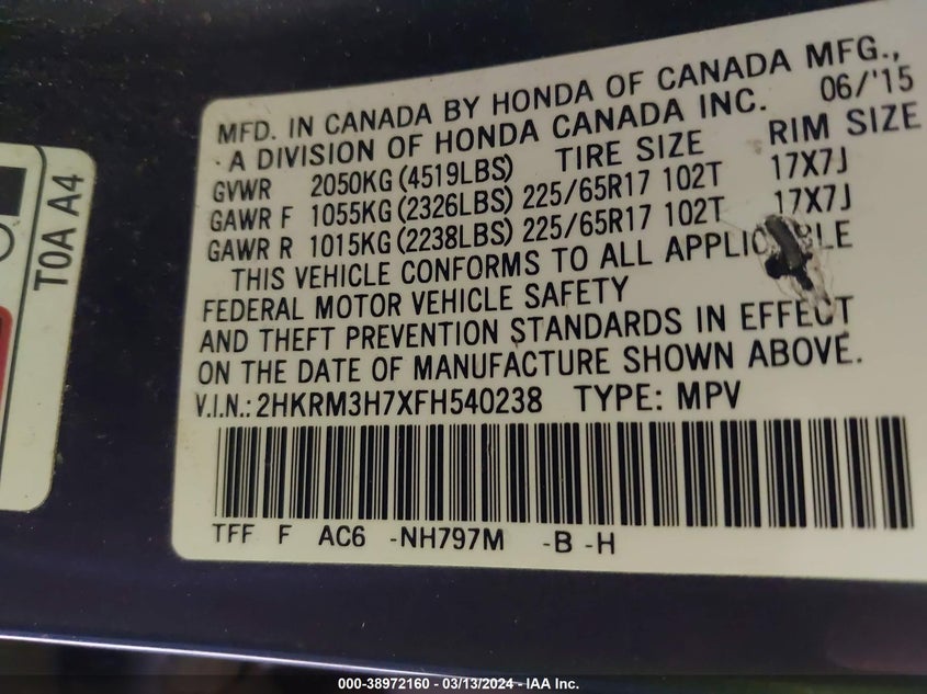2015 HONDA CR-V EX-L - 2HKRM3H7XFH540238