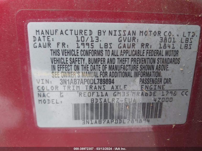 3N1AB7AP0DL789894 | 2013 NISSAN SENTRA