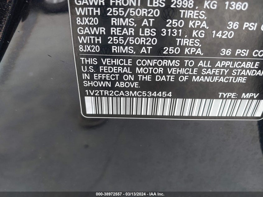 2021 VOLKSWAGEN ATLAS 3.6L V6 SEL PREMIUM - 1V2TR2CA3MC534454