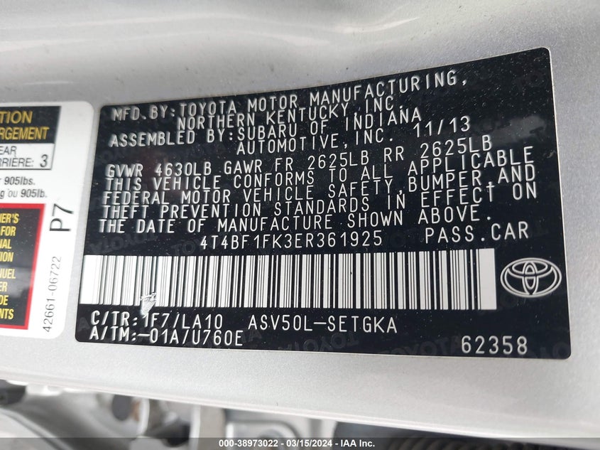 2014 TOYOTA CAMRY XLE - 4T4BF1FK3ER361925