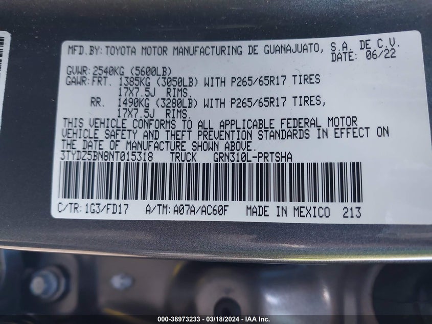 VIN 3TYDZ5BN8NT015318 2022 TOYOTA TACOMA TRD SPORT