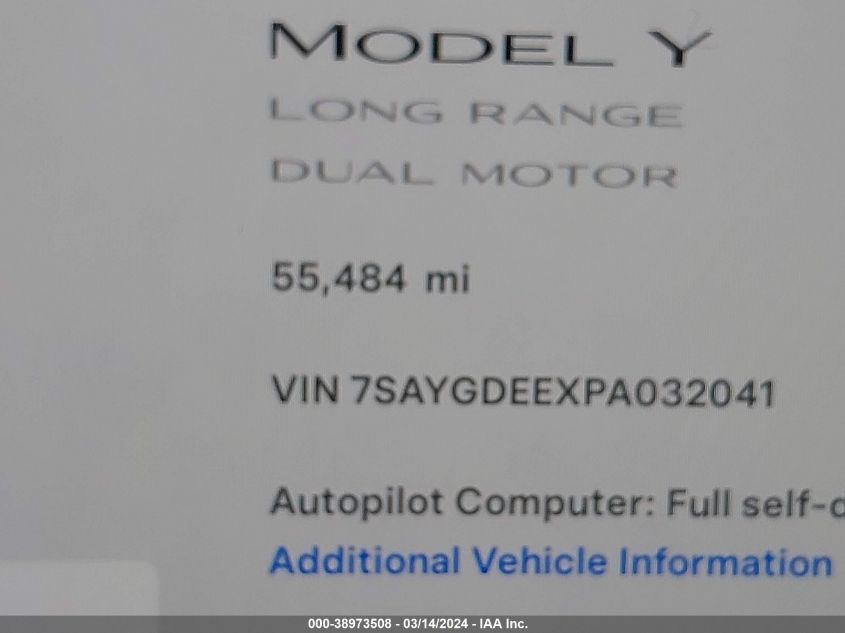 2023 Tesla Model Y Awd/Long Range Dual Motor All-Wheel Drive VIN: 7SAYGDEEXPA032041 Lot: 38973508