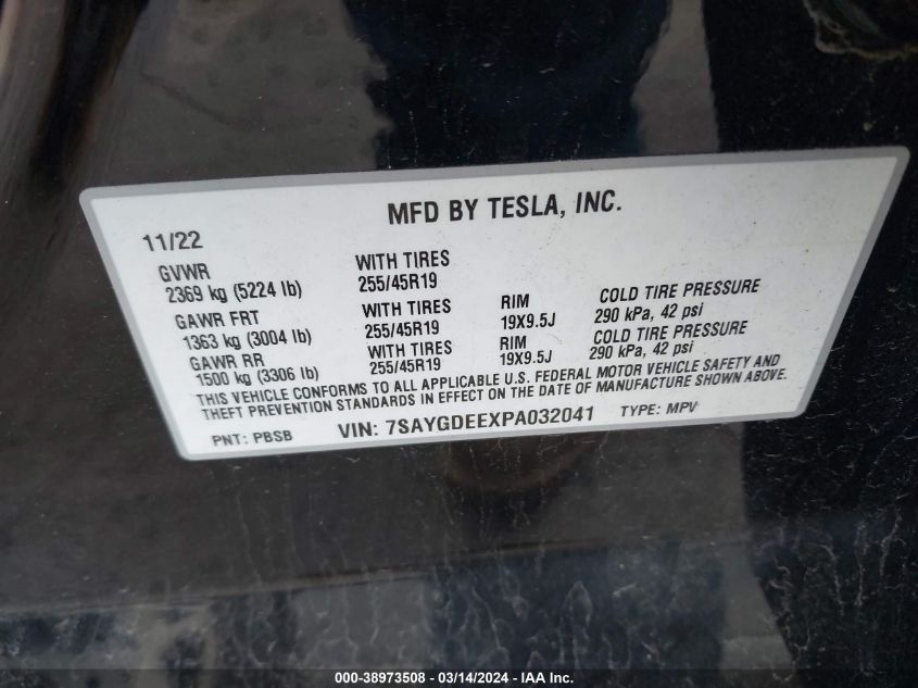 2023 Tesla Model Y Awd/Long Range Dual Motor All-Wheel Drive VIN: 7SAYGDEEXPA032041 Lot: 38973508