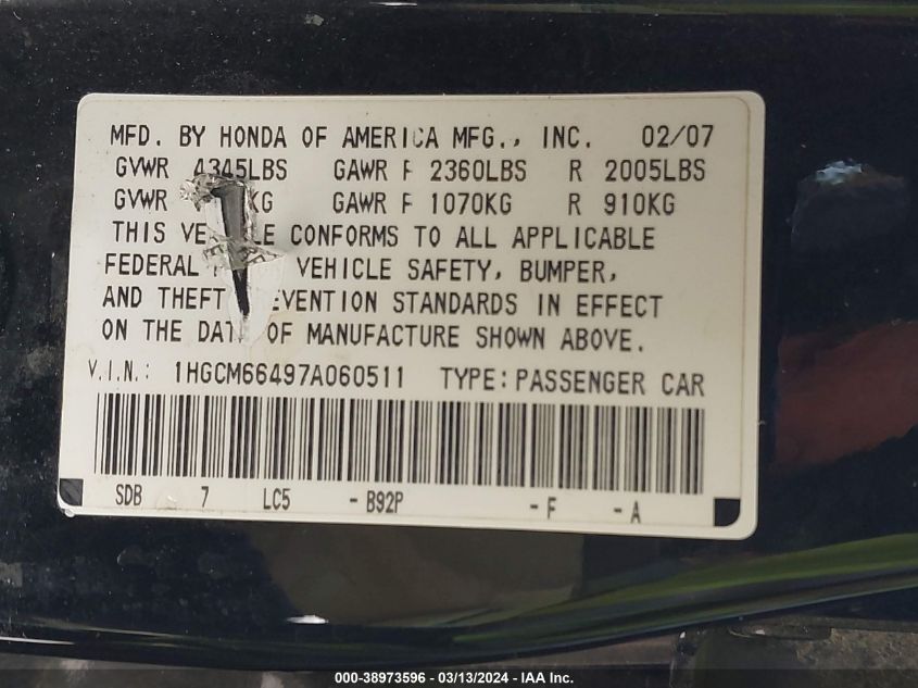 1HGCM66497A060511 | 2007 HONDA ACCORD