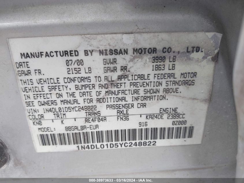 1N4DL01D5YC248822 | 2000 NISSAN ALTIMA