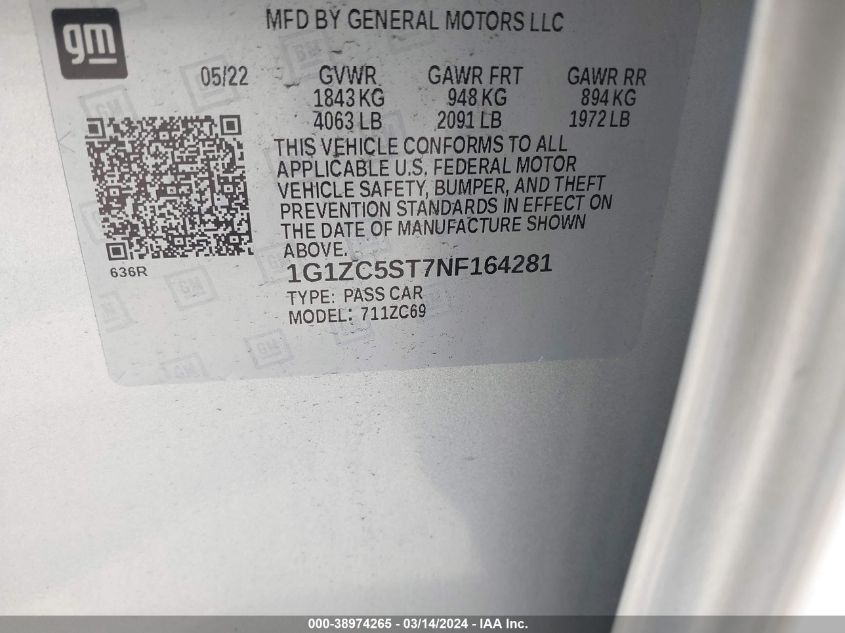 1G1ZC5ST7NF164281 | 2022 CHEVROLET MALIBU