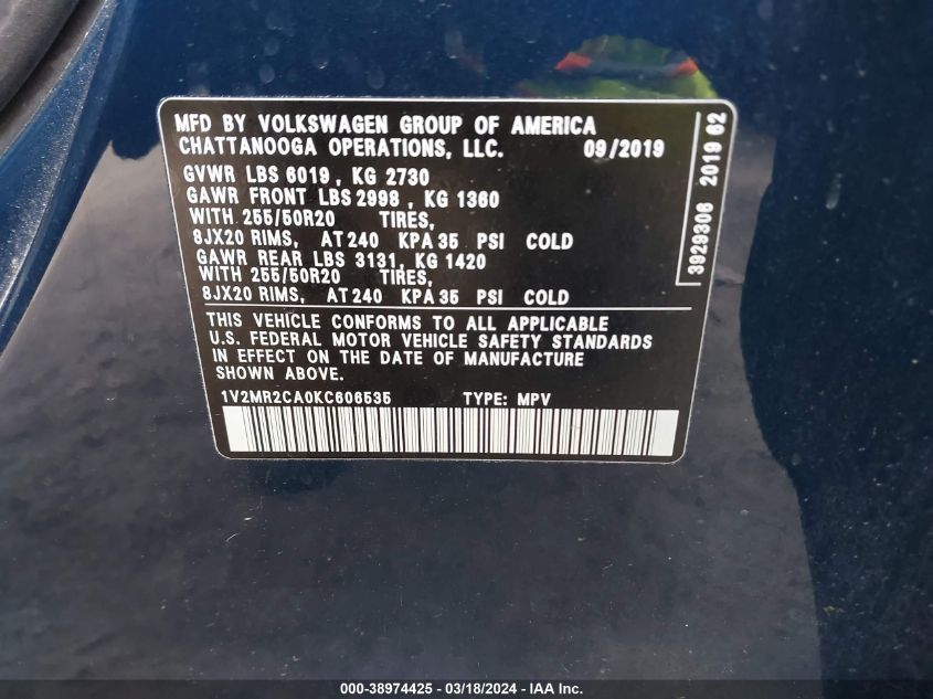 1V2MR2CA0KC606535 2019 Volkswagen Atlas 3.6L V6 Sel