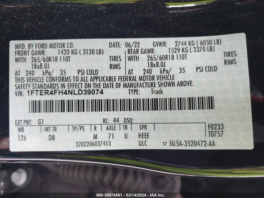 2022 FORD RANGER LARIAT - 1FTER4FH4NLD39074