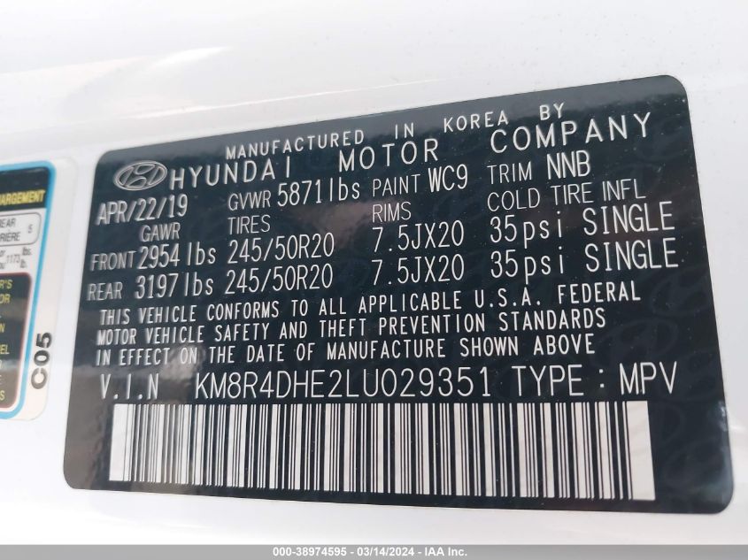 VIN KM8R4DHE2LU029351 2020 HYUNDAI PALISADE no.9