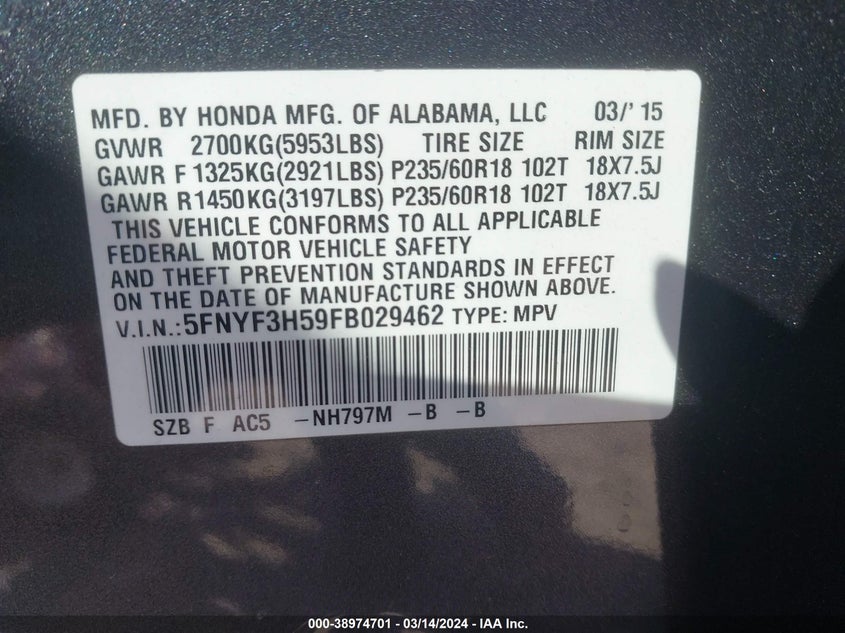 2015 HONDA PILOT EXL - 5FNYF3H59FB029462